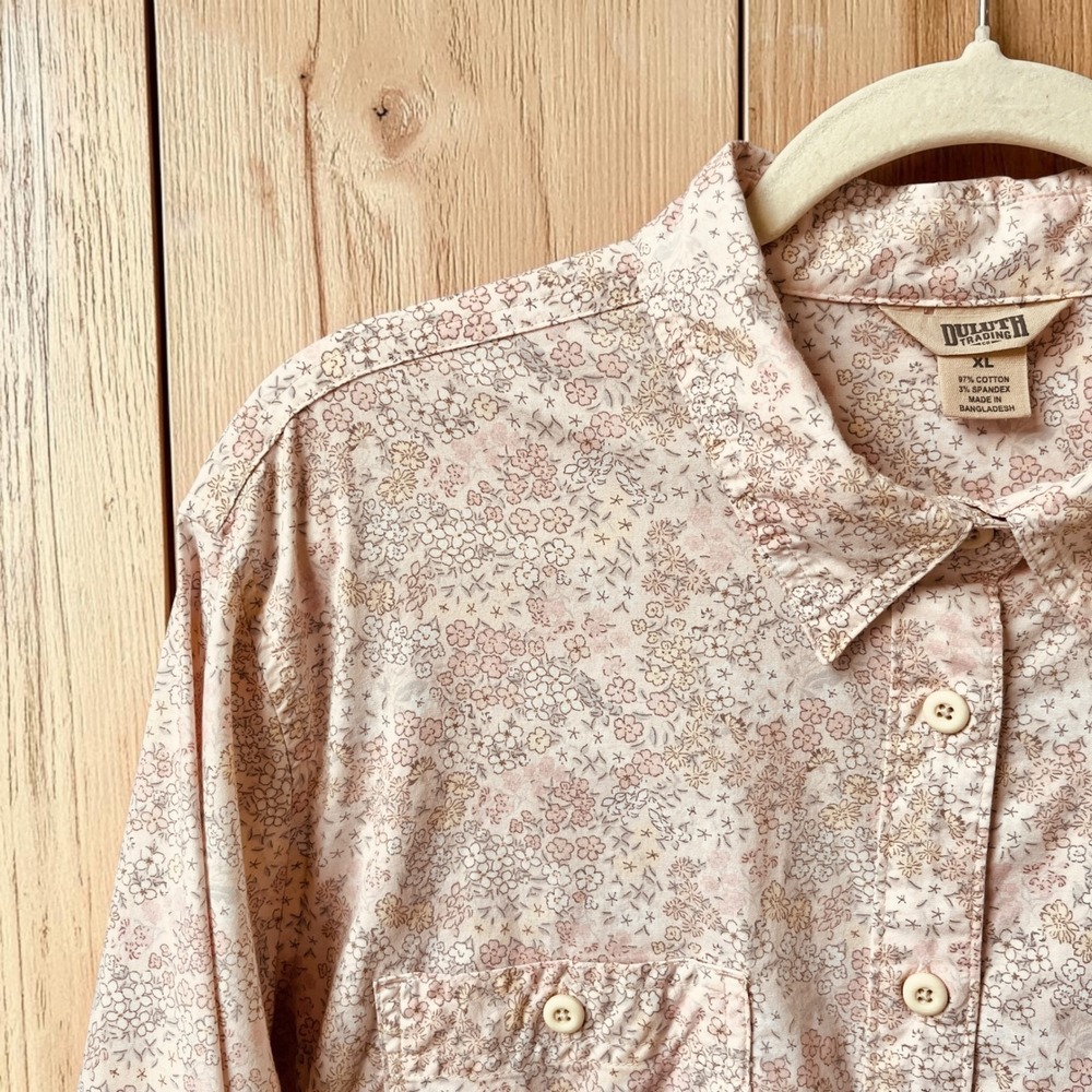 Duluth Trading Co Button Up Shirt Women's XL Dainty Floral Cream Pink Cottage - Picture 11 of 12